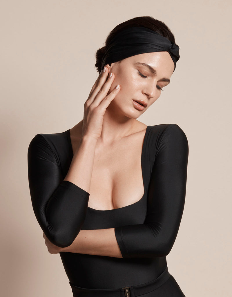 Luxury sun protective sustainable head wrap accessory in black