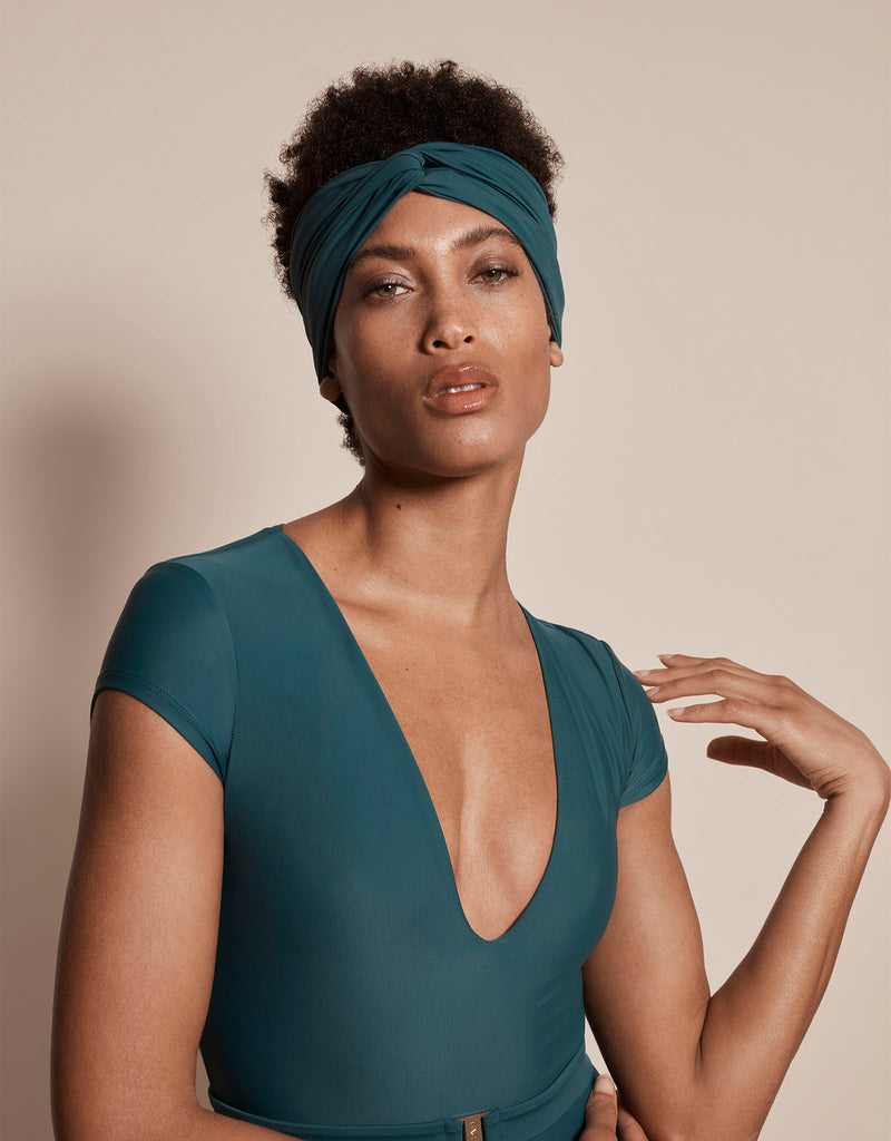 Luxury sun protective sustainable head wrap accessory in green